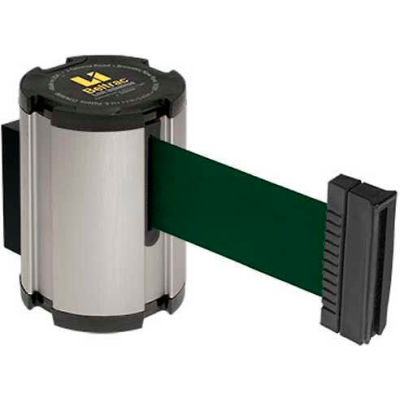 Lavi Industries Retractable Belt Barrier, Satin Wall Mount, 13'L Forest Green Belt