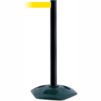 Tensabarrier Crowd Control, Queue Stanchion Retractable Barrier Plastic Post, Blk W/ 7.5' Yllw Belt