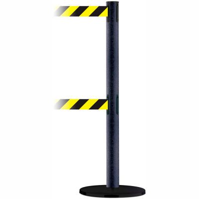 Tensabarrier Safety Crowd Control, Queue Dual Stanchion Post, Black Wrinkle W/ 7.5' Blk/Yellow Belt