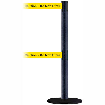 Tensabarrier Safety Crowd Control, Queue Dual Stanchion, Blk Wrinkle W/ 7.5' Yllw "Caution" Belt