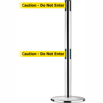 Tensabarrier Safety Crowd Control, Queue Dual Stanchion Post, Pol Chrome W/ 7.5' Yllw "Caution" Belt