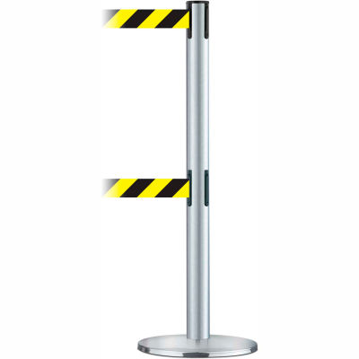 Tensabarrier Crowd Control, Queue Dual Stanchion, Satin Chrome W/ 7.5' Black/Yellow Retractable Belt