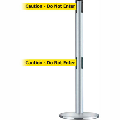 Tensabarrier Crowd Control, Queue Dual Stanchion Post, Satin Chrome W/ 7.5' Yellow "Caution" Belt