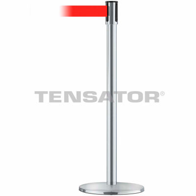 Tensabarrier Safety Crowd Control, Queue Stanchion Post, Satin Chrome W/ 7.5' Red Retractable Belt
