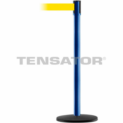 Tensabarrier Safety Crowd Control, Queue Stanchion Post, Blue W/ 7.5' Yllw Retractable Belt Barrier