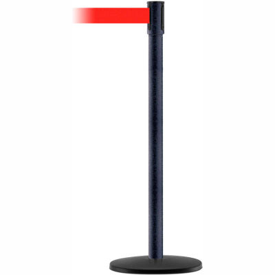 Tensabarrier Crowd Control, Queue Stanchion Post, Black Wrinkle W/ 7.5' Red Retractable Belt Barrier