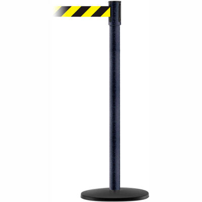 Tensabarrier Crowd Control, Queue Stanchion Post, Blk Wrinkle W/ 7.5' Blk/Yllw Retractable Belt