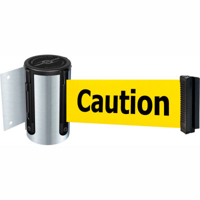 Tensabarrier Crowd Control, Retractable Wall Mount Barrier, Satin Chrome W/ 13' Yllw "Caution" Belt
