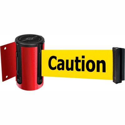 Tensabarrier Safety Crowd Control, Retractable Wall Mount Barrier, Red W/ 13' Yellow "Caution" Belt