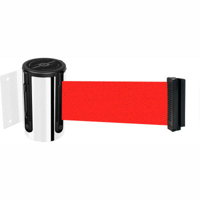 Tensabarrier Safety Crowd Control, Retractable Wall Mount Barrier, Pol Chrome W/ 7'6" Red Belt