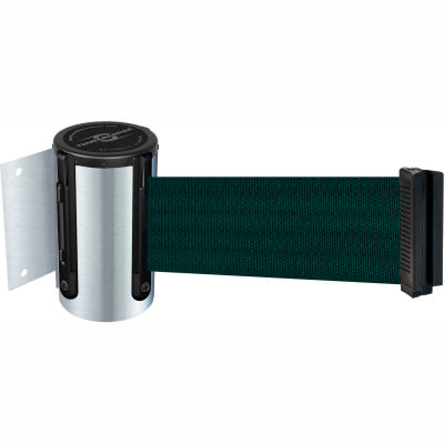 Tensabarrier Satin Chrome Mini Wall Mount 7.5'L Green Retractable Belt Barrier