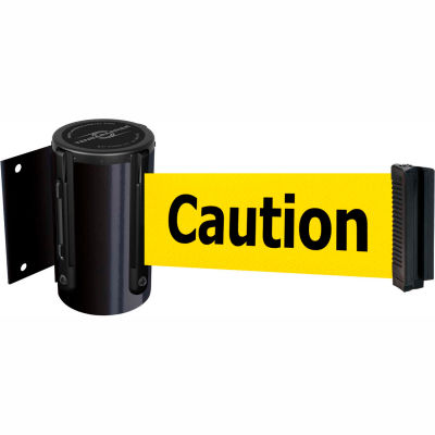 Tensabarrier Safety Crowd Control, Retractable Wall Mount Barrier, Blk W/ 7'6" Yellow "Caution" Belt