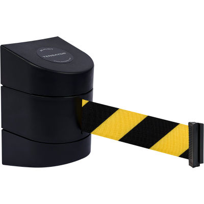 Tensabarrier Safety Crowd Control, Retractable Clamp Wall Mount Barrier, Black W/ 15' Blk/Yllw Belt