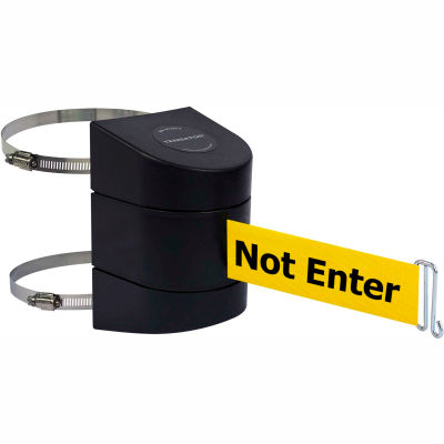 Tensabarrier Crowd Control, Retractable Clamp Wall Mount Barrier, Black W/ 15' Yellow "Caution" Belt