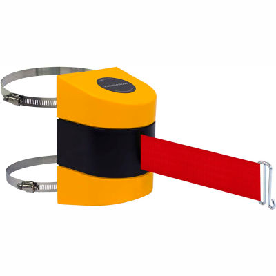 Tensabarrier Crowd Control, Retractable Clamp Wall Mount Barrier, Yellow 24' Red Belt And Wire Clip