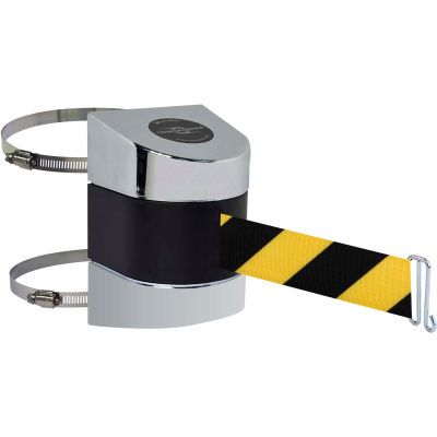 Tensabarrier Crowd Control, Retractable Clamp Wall Mount Barrier, Polished Chrome 30' Blk/Yllw Belt