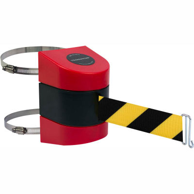 Tensabarrier Crowd Control, Retractable Clamp Wall Mount Barrier Red 30' Blk/Yllw Belt And Wire Clip