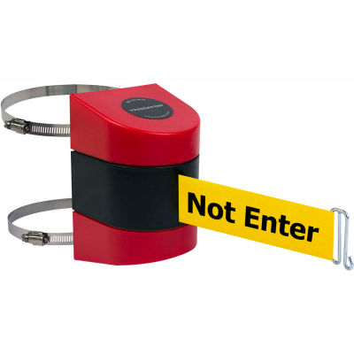 Tensabarrier Crowd Control, Retractable Clamp Wall Mount Barrier, Red W/ 30' Yellow "Caution" Belt