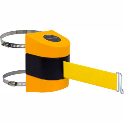 Tensabarrier Safety Crowd Control, Retractable Clamp Wall Mount Barrier, Yellow W/ 30' Yellow Belt