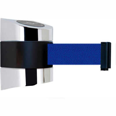 Tensabarrier Safety Crowd Control, Retractable Wall Mount Barrier, Polished Chrome W/ 30' Blue Belt