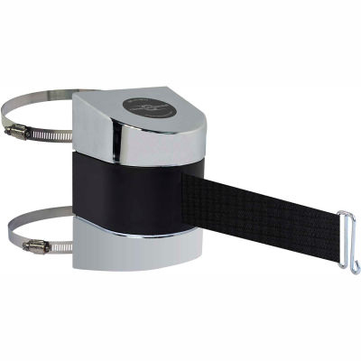 Tensabarrier Safety Crowd Control, Retractable Wall Clamp Mount Barrier, Pol Chrome W/ 24' Blk Belt