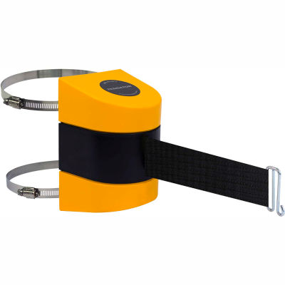 Tensabarrier Safety Crowd Control, Retractable Wall Clamp Mount Barrier, Yellow With 24' Black Belt