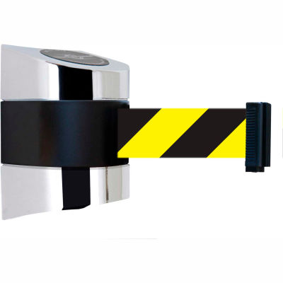 Tensabarrier Crowd Control, Retractable Wall Mount Barrier, Polished Chrome W/ 24' Black/Yellow Belt
