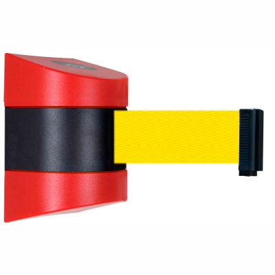 Tensabarrier Safety Crowd Control, Retractable Wall Mount Barrier, Red With 24' Yellow Belt
