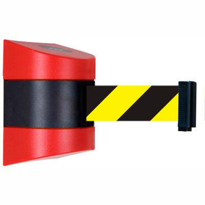 Tensabarrier Safety Crowd Control, Retractable Wall Mount Barrier, Red With 24' Black/Yellow Belt