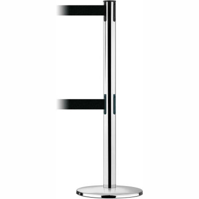 Tensabarrier Safety Crowd Control, Queue Dual Stanchion, Pol Chrome W/ 7.5' Blk Retractable Belt