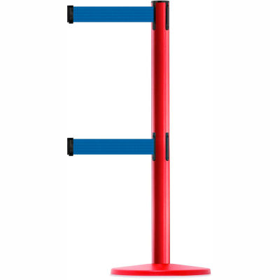 Tensabarrier Crowd Control, Queue Dual Stanchion Post, Red W/ 7.5' Blue Retractable Belt Barrier