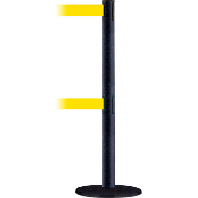 Tensabarrier Crowd Control, Queue Dual Stanchion Post, Black Wrinkle, 7.5'L Yellow Retractable Belt