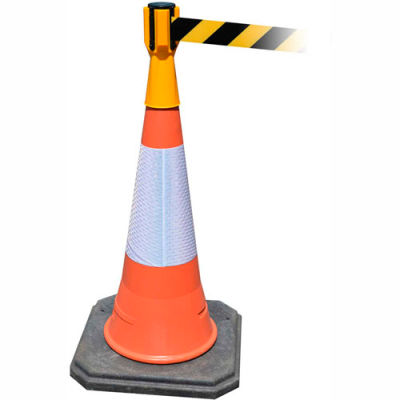 Tensabarrier Safety Crowd Control, Queue Cone Topper, Yellow With 7.5' Black/Yellow Retractable Belt
