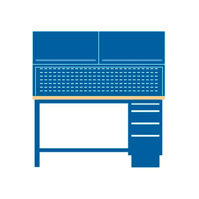 72x30x64.75 Cabinet & Leg workstation w/4 drawers, stat. riser shelf, 2 ovhd cabs/plastic lam. top