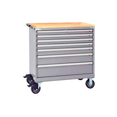Lista® 7 Drawer 40-1/4"W Shallow Depth Mobile Cabinet w/Butcher Top-Light Gray, Keyed Alike