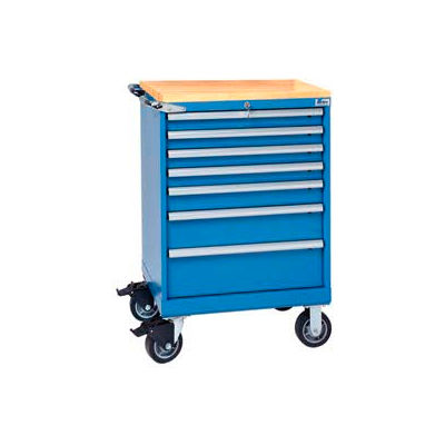 Lista® 7 Drawer 24"W Shallow Depth Mobile Cabinet w/Butcher Block Top-Bright Blue, Master Keyed