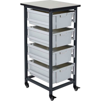 Luxor Mobile Bin Cart with Four 6"H Totes MBS-SR-4L - Gray/Black, 19-1/2"L x 17"W x 37-1/4"H