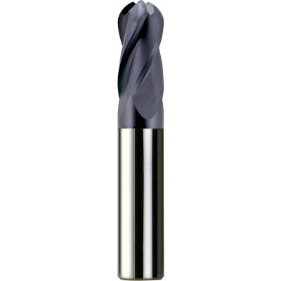 1/4" Dia., 1/4" Shank, 1-1/8" LOC, 3" OAL, 4 Flute Solid Carbide Ball Single End Mill, AlTiN