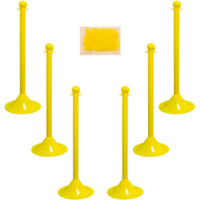 Mr. Chain Light Duty Plastic Stanchion Kit With 2"x50'L Chain, 41"H, Yellow, 6 Pack