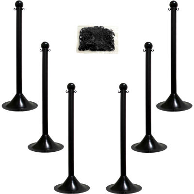 Mr. Chain 71003-6 Plastic Stanchion Kit, Black, 6pk 50' of 2" Chain, 2" Pole, 14" Base, 41"H