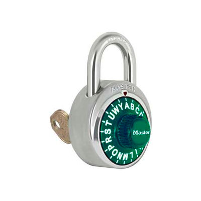 Master Lock® No. 1585GRN 3-Letter-Combo Padlock 3/4" Inside Shackle HT, Key Override,Green Dial