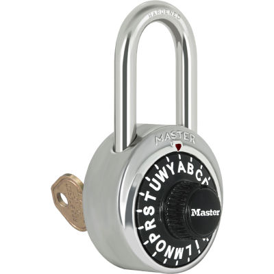 Master Lock® No. 1585LF 3-Letter-Combo Padlock 1-1/2" Inside Shackle HT, Key Override, Bk Dial