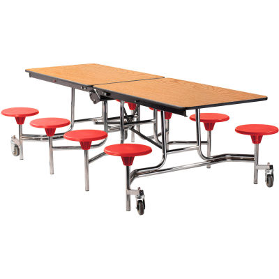 NPS® 8' Mobile Cafeteria Table with Stools - MDF - Oak Top/Red Stools/Chrome Frame