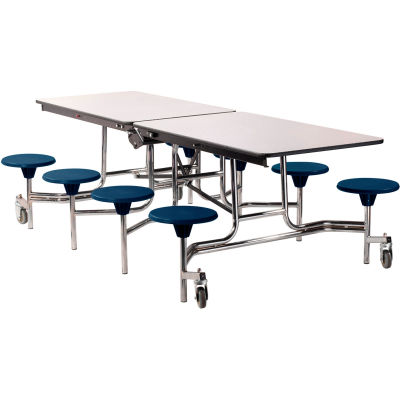 NPS® 8' Mobile Cafeteria Table with Stools - MDF - Walnut Top/Blue Stools/Chrome Frame