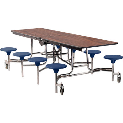 NPS® 8' Mobile Cafeteria Table with Stools - MDF - Walnut Top/Blue Stools/Chrome Frame