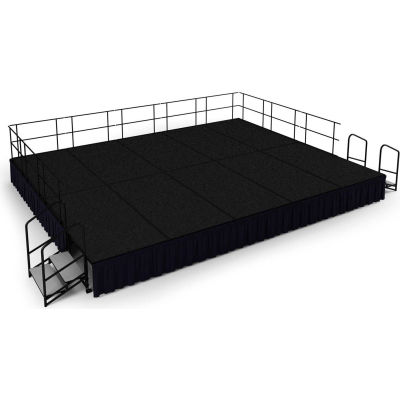 NPS® 16' x20' Stage Package, 24" Height, Black Carpet, Black Shirred Pleat Skirting