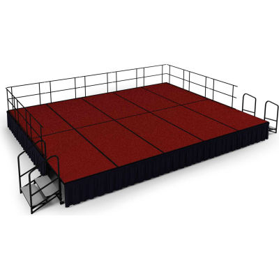 NPS® 16' x20' Stage Package, 24" Height, Red Carpet, Black Shirred Pleat Skirting