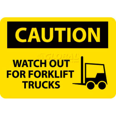NMC C637PB OSHA Sign, Caution Watch Out For Fork Lift Trucks, 10" X 14", Yellow/Black