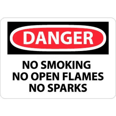 NMC D458RB OSHA Sign, Danger No Smoking No Open Flames No Sparks, 10" X 14", White/Red/Black