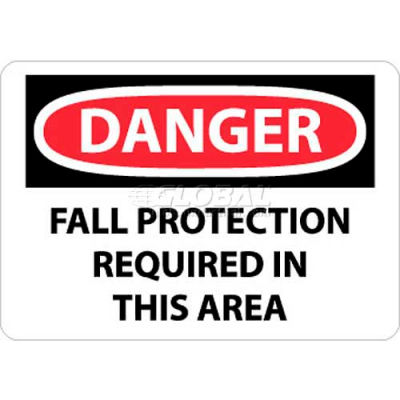 NMC D529RB OSHA Sign, Danger Fall Protection Required In This Area, 10" X 14", White/Red/Black